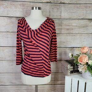 Ellen Tracy Womens Long Sleeve Striped Top Size S Red Navy‎ Blue Cowl Neck